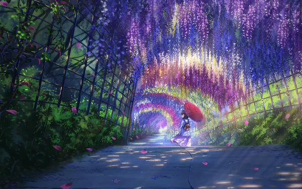 A colorful anime girl stands beneath vibrant wisteria blooms in a lush garden tunnel, creating a serene and enchanting HD PC desktop wallpaper.