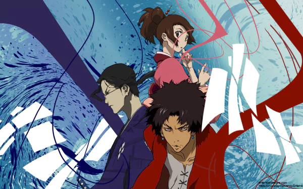 A wallpaper featuring the main characters from Samurai Champloo - Mugen, Jin, and Fuu, in high definition quality.