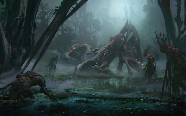 HD wallpaper depicting a fantasy scene in a dark, misty forest with eerie, monstrous creatures lurking among twisted trees.