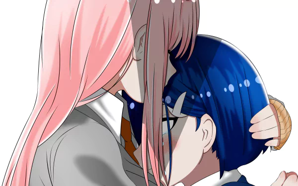 Close-up anime scene of Ichigo gently kissing Zero Two's forehead, from Darling in the FranXX, rendered as a 4K Ultra HD PC desktop wallpaper.