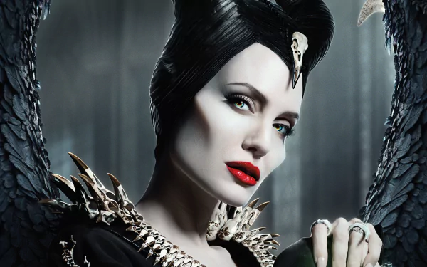 4K Ultra HD wallpaper featuring Angelina Jolie as Maleficent from the movie Maleficent: Mistress of Evil, showcasing her iconic horns, red lips, and dark wings.