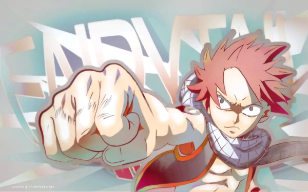 HD desktop wallpaper featuring Natsu Dragneel from the anime Fairy Tail, showcasing him in an action pose with his fist extended forward.
