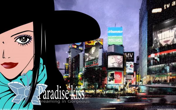 Anime Paradise Kiss HD PC desktop wallpaper: stylized female with black hat and teal scarf in foreground, neon-lit cityscape and billboards at night, 'Paradise Kiss' logo.