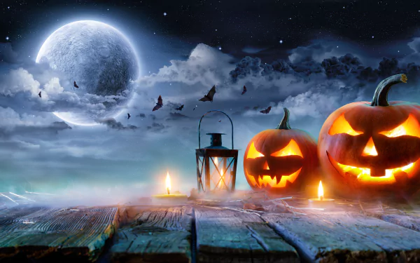 An 8K Ultra HD Halloween PC wallpaper featuring glowing jack-o'-lanterns, flickering candles, a lantern, and bats flying under a bright full moon in a spooky night sky.