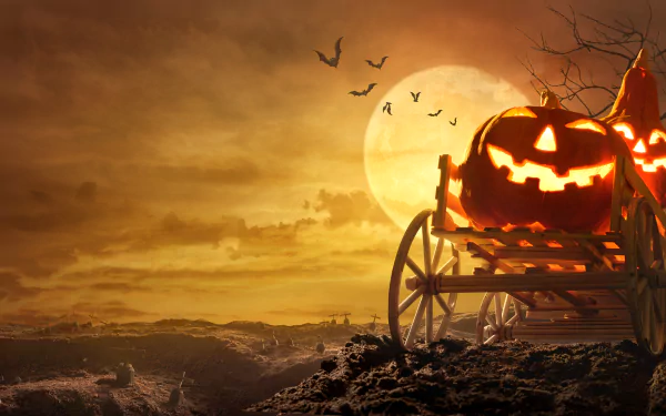 A glowing jack-o'-lantern on a wooden cart under a full moon at dusk, with bats flying in the sky, capturing the spooky Halloween holiday spirit in 4K Ultra HD.