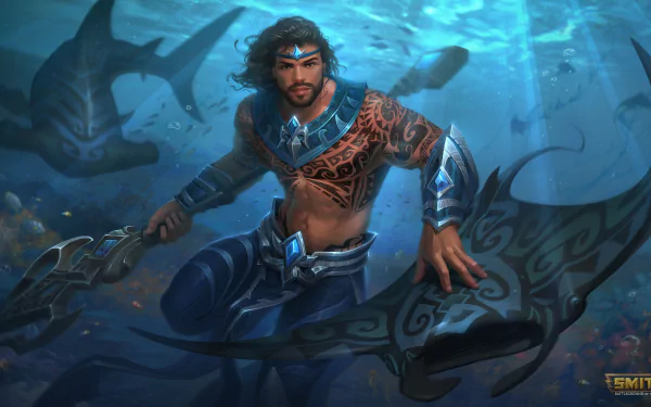 warrior tattoo shark manta ray trident underwater Poseidon (Smite) video game Smite HD Desktop Wallpaper | Background Image