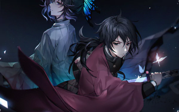 HD wallpaper featuring Giyuu Tomioka and Shinobu Kochou from Demon Slayer: Kimetsu no Yaiba, portrayed in a dynamic night-time setting.
