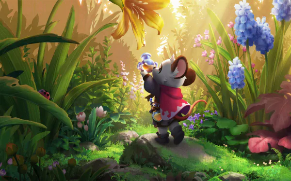 A fantasy mouse in a red cloak stands amidst vibrant lily of the valley and colorful flowers, bathed in golden sunlight in this HD fantasy animal desktop wallpaper.