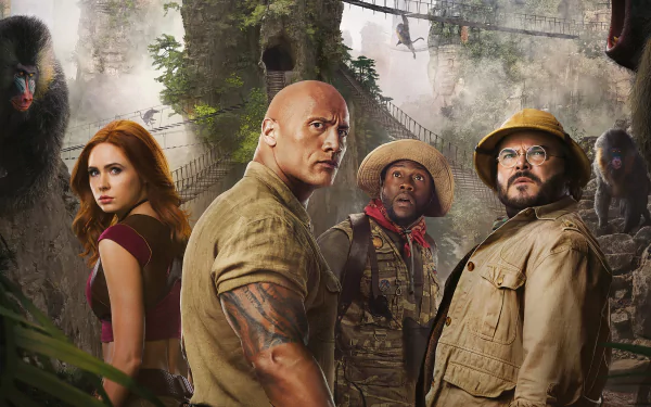 HD PC desktop wallpaper featuring Karen Gillan, Dwayne Johnson, Kevin Hart, and Jack Black from the movie Jumanji: The Next Level in a jungle adventure scene.