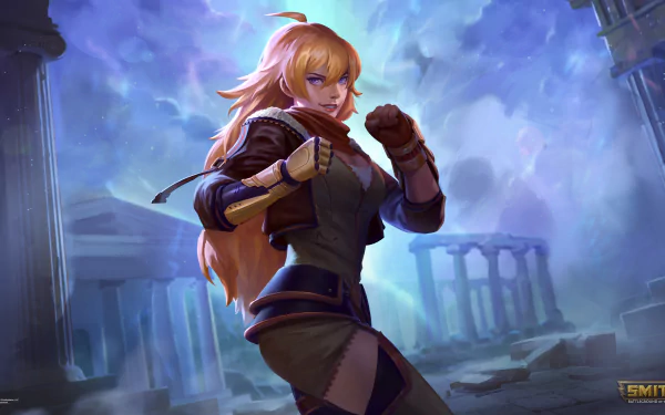 4K Ultra HD PC wallpaper featuring Yang Xiao Long from Smite, set against a mystical, foggy backdrop with ancient ruins.