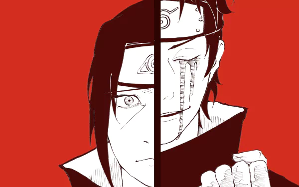 Split high-contrast illustration of Itachi Uchiha and Shisui Uchiha from Naruto against a red backdrop, anime-style 4K Ultra HD PC desktop wallpaper.