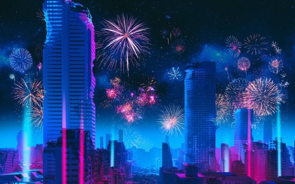 Sci Fi Post Apocalyptic Night City Skyscraper Fireworks HD Wallpaper | Background Image