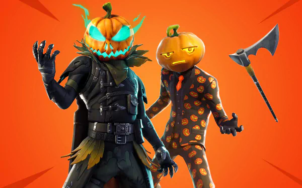 Fortnite Halloween-themed 4K Ultra HD desktop wallpaper featuring two pumpkin-headed characters and a floating axe against an orange background.