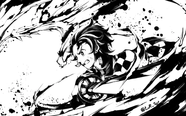 Black and white HD PC desktop wallpaper of Tanjiro Kamado performing the Hinokami Kagura from the anime Demon Slayer: Kimetsu no Yaiba, with dynamic brushstroke effects.