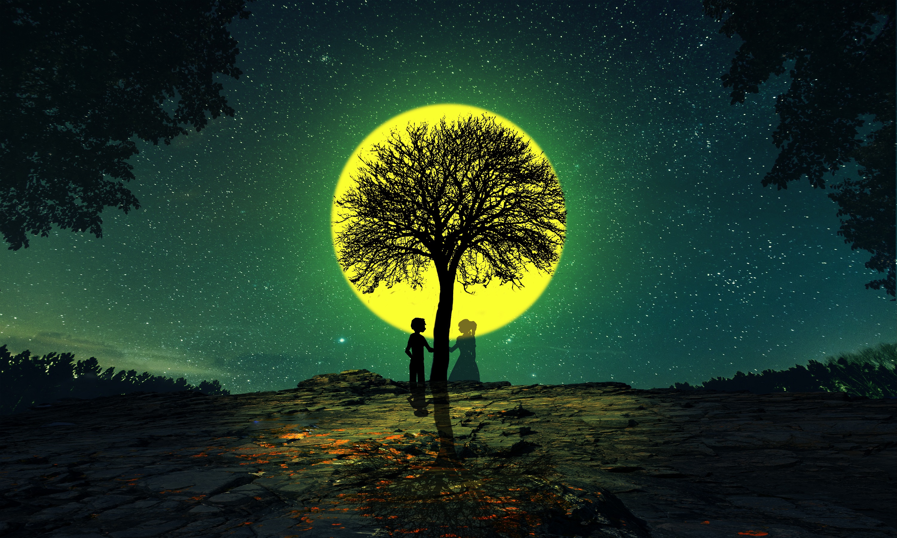 Download Silhouette Tree Full Moon Couple Fantasy Love Hd Wallpaper By Aadarshtm93