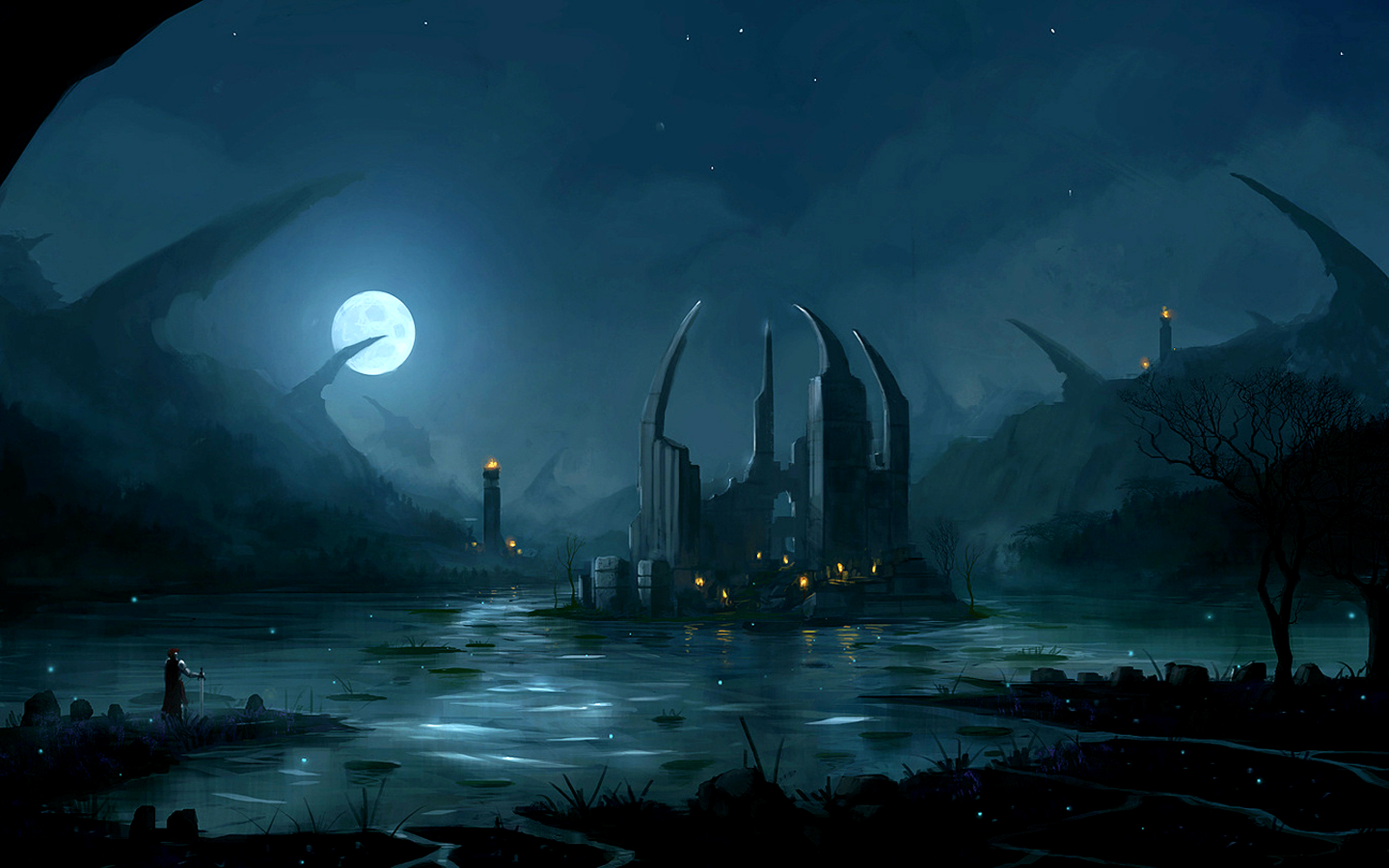 Fantasy landscape featuring Ruins by the Lake. Perfect for a desktop wallpaper.