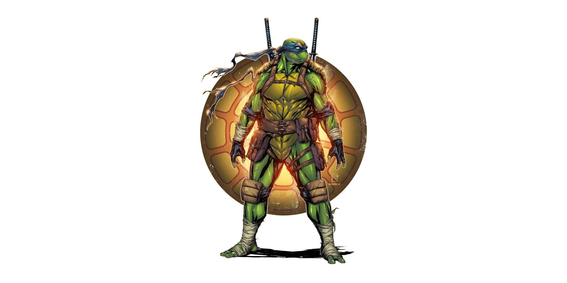 Leonardo (TMNT) from Teenage Mutant Ninja Turtles, comic-style HD PC desktop wallpaper: armored green ninja turtle with dual katanas against a glowing shell.