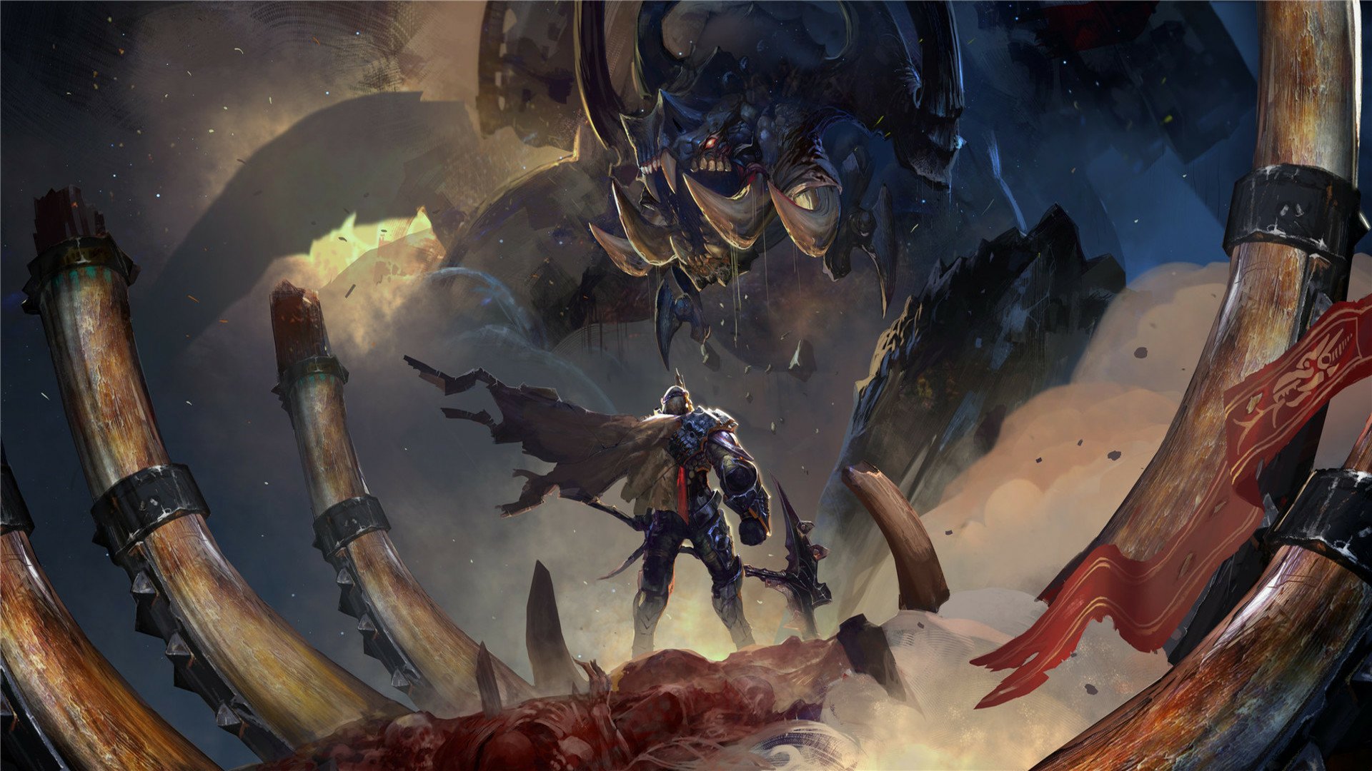 HD PC desktop wallpaper/background: an armored fantasy warrior stands atop blood-streaked bones, cloak unfurled, confronting a towering nightmarish creature beneath stormy skies.