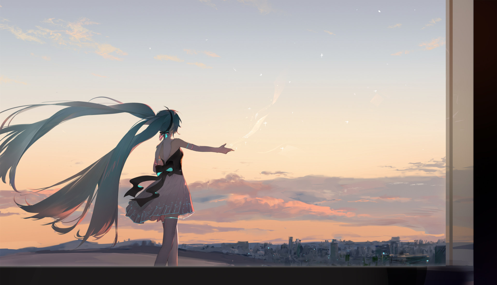 HD anime desktop wallpaper featuring Hatsune Miku, the iconic Vocaloid, standing by a window with a sunset cityscape in the background.