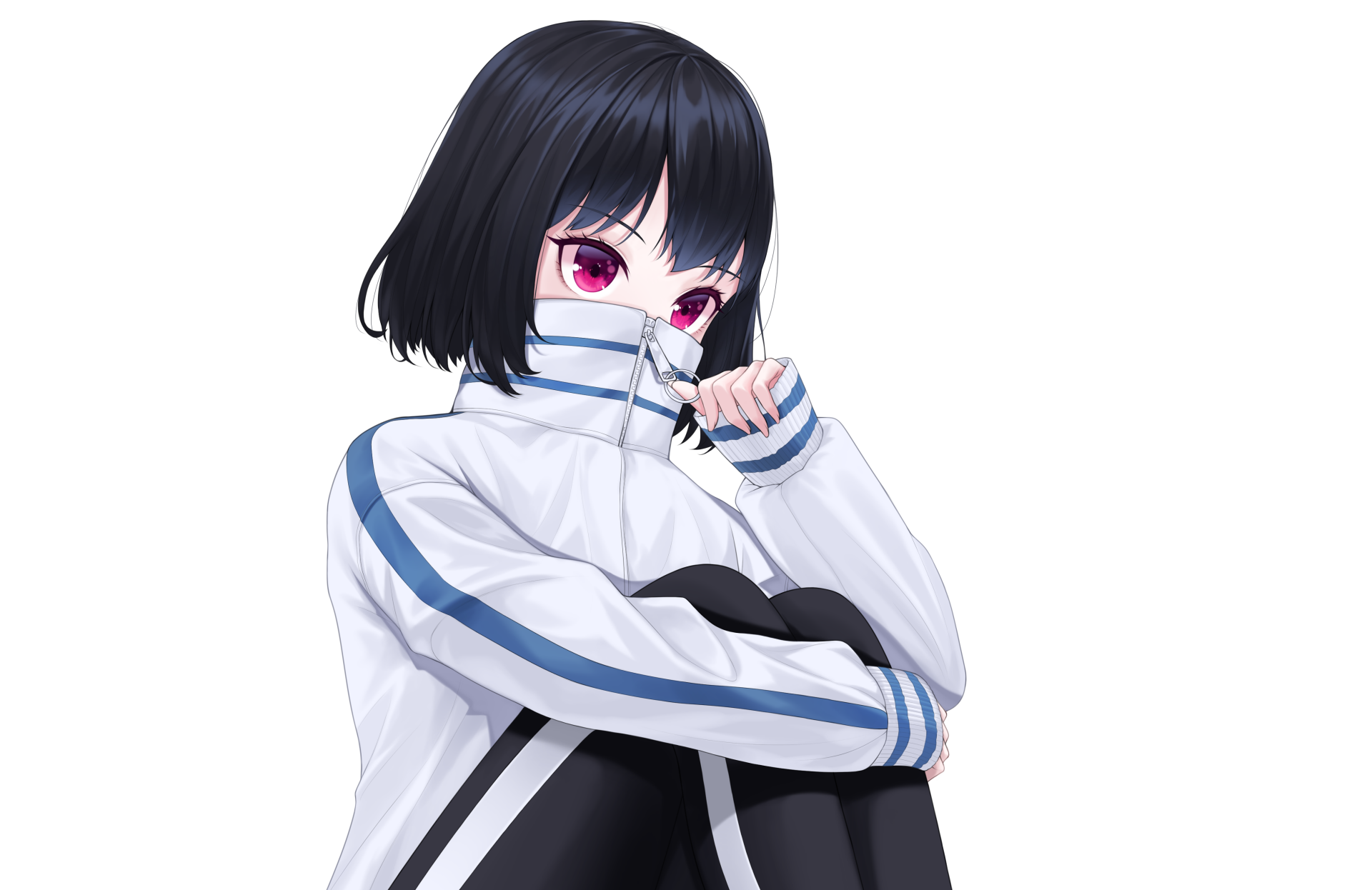 Anime original: black-haired girl with purple eyes, hiding her lower face behind a white jacket with blue stripes, seated against a white background — 4K Ultra HD PC desktop wallpaper.
