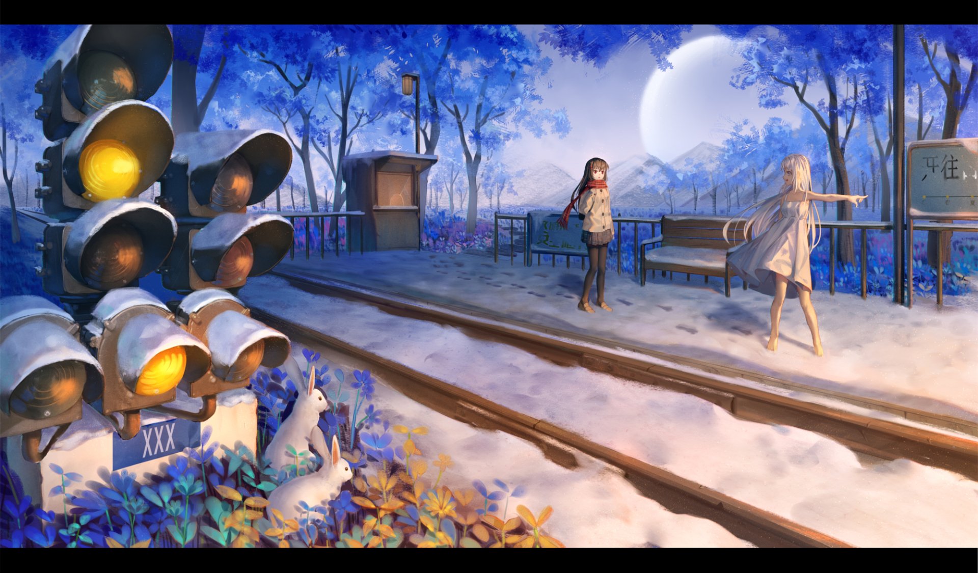 Anime-style winter scene with snow-covered railroad tracks, two girls standing nearby under a glowing moon, and traffic lights glowing softly in the background.