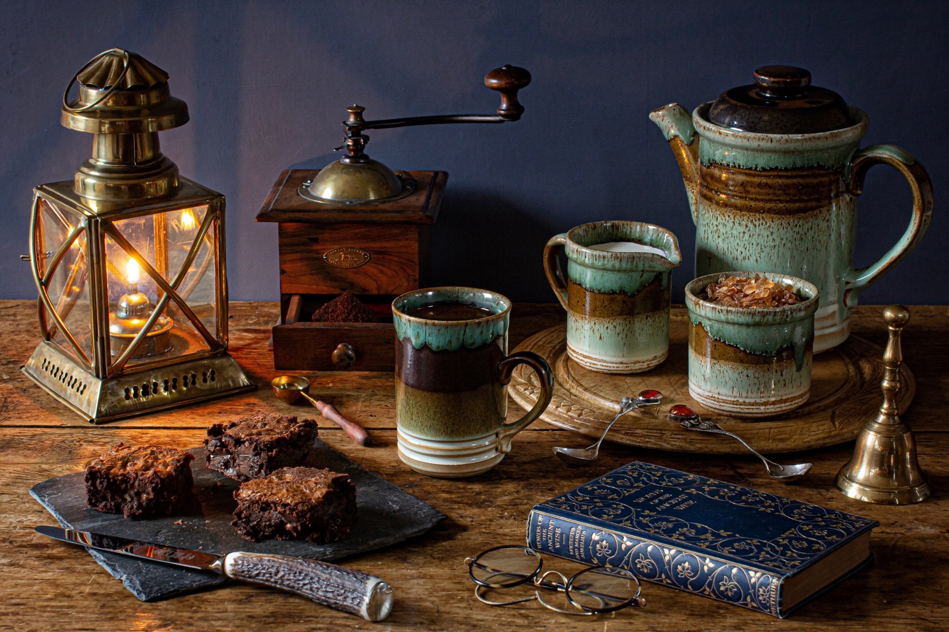 Download Brownie Book Lantern Mug Coffee Photography Still Life 4k Ultra HD Wallpaper