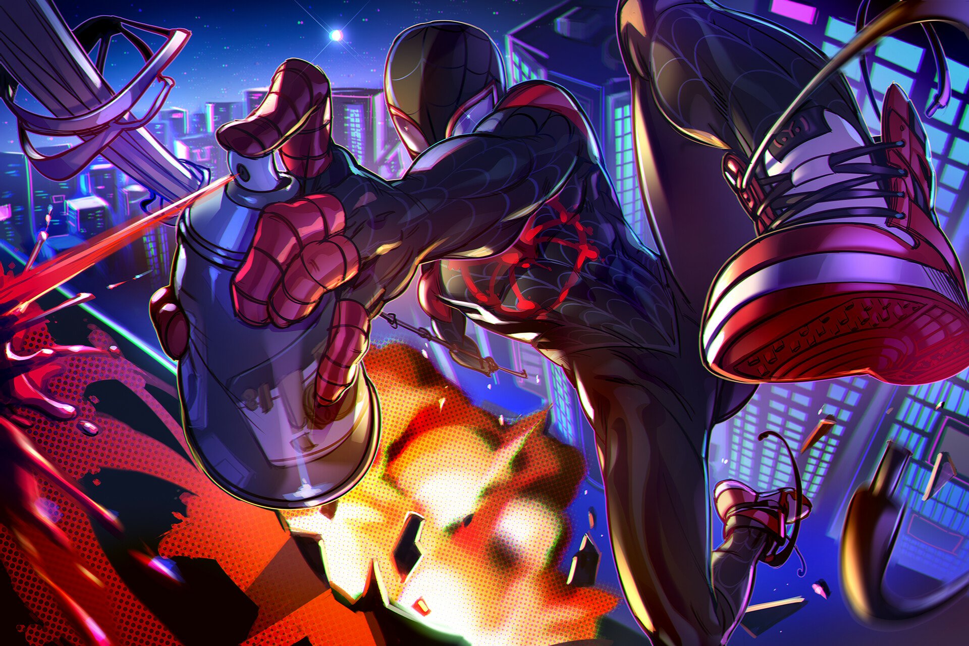 HD PC desktop wallpaper featuring Miles Morales as Spider-Man from the movie Spider-Man: Into The Spider-Verse in an action-packed cityscape scene.