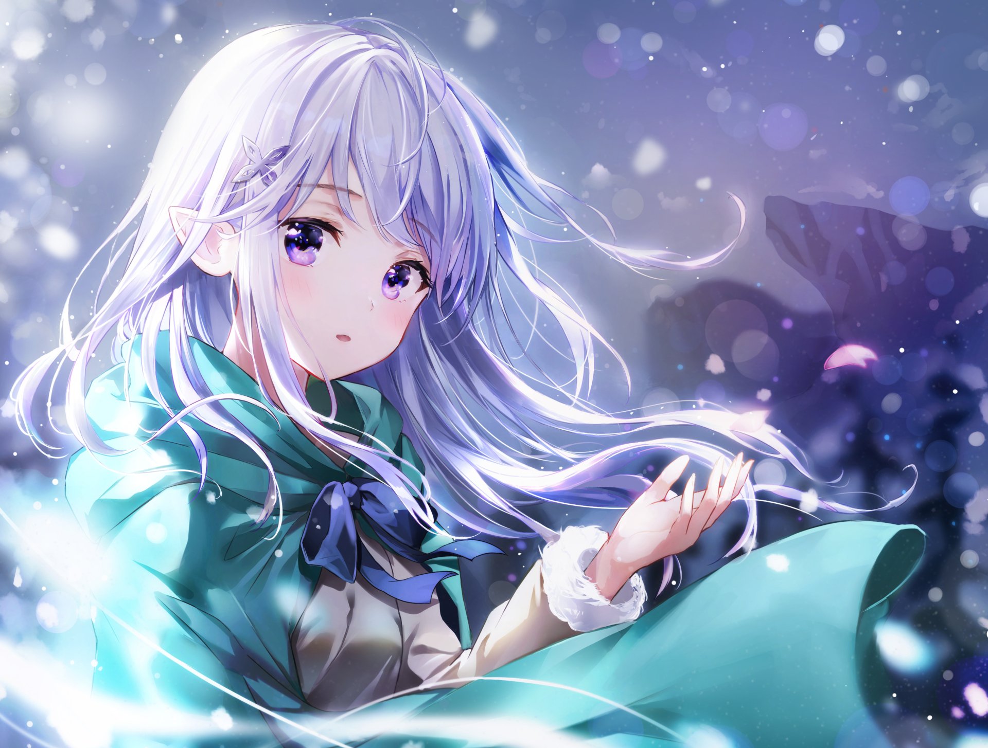 HD wallpaper featuring Emilia from the anime Re:Zero - Starting Life in Another World. She has long white hair and purple eyes, set against a softly lit, serene background.