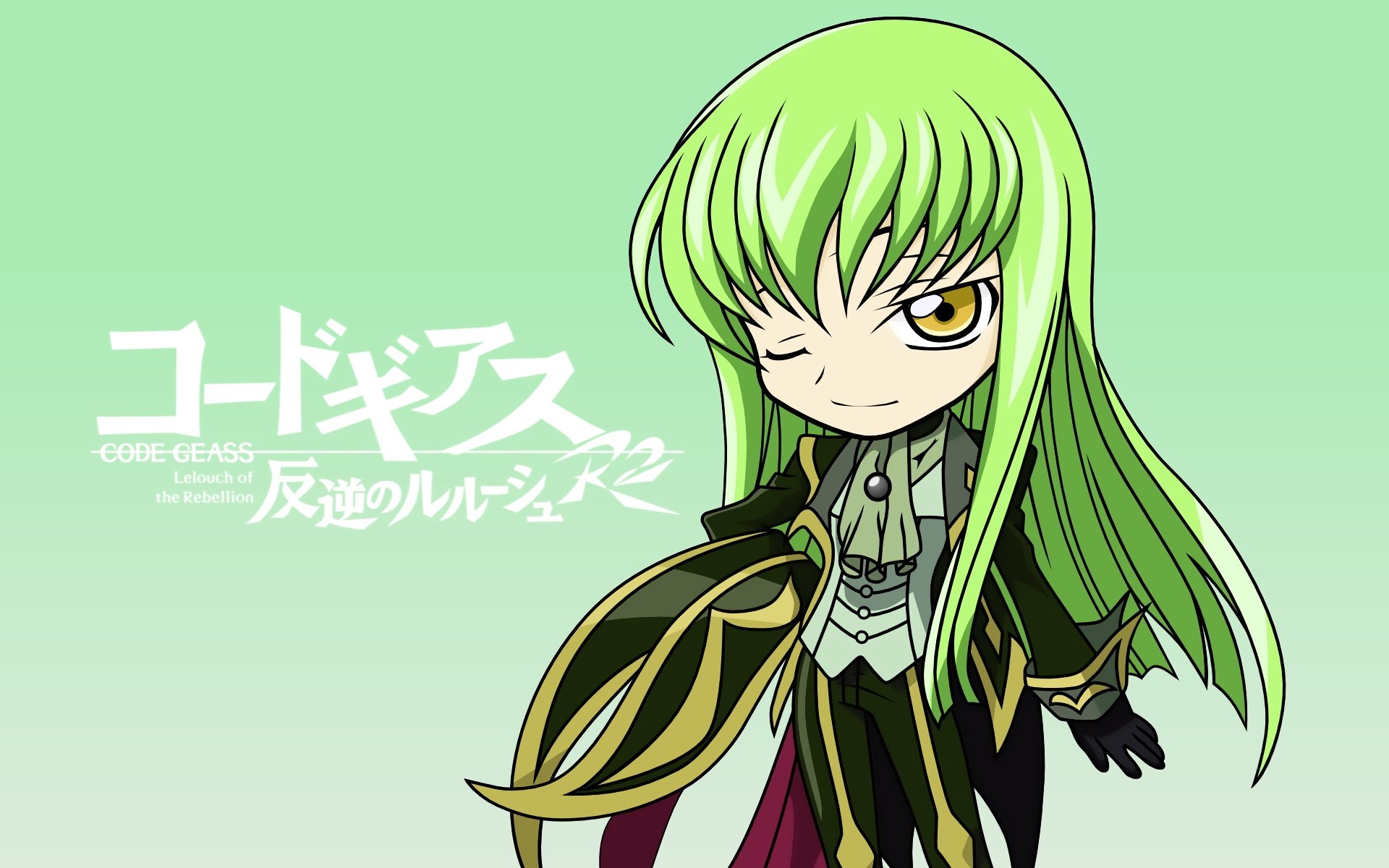 Chibi C.C. from Code Geass — anime character with long green hair winking in a black-and-gold outfit on a pale green gradient, Code Geass logo visible; HD PC desktop wallpaper/background.