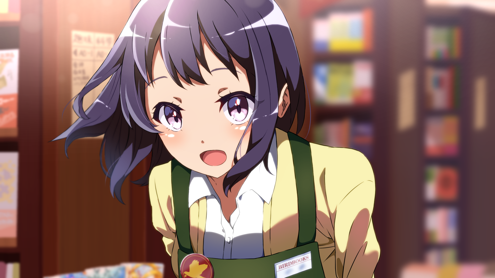 Original anime character with purple hair and purple eyes smiling in a cozy bookstore; 2K Quad HD PC desktop wallpaper/background.