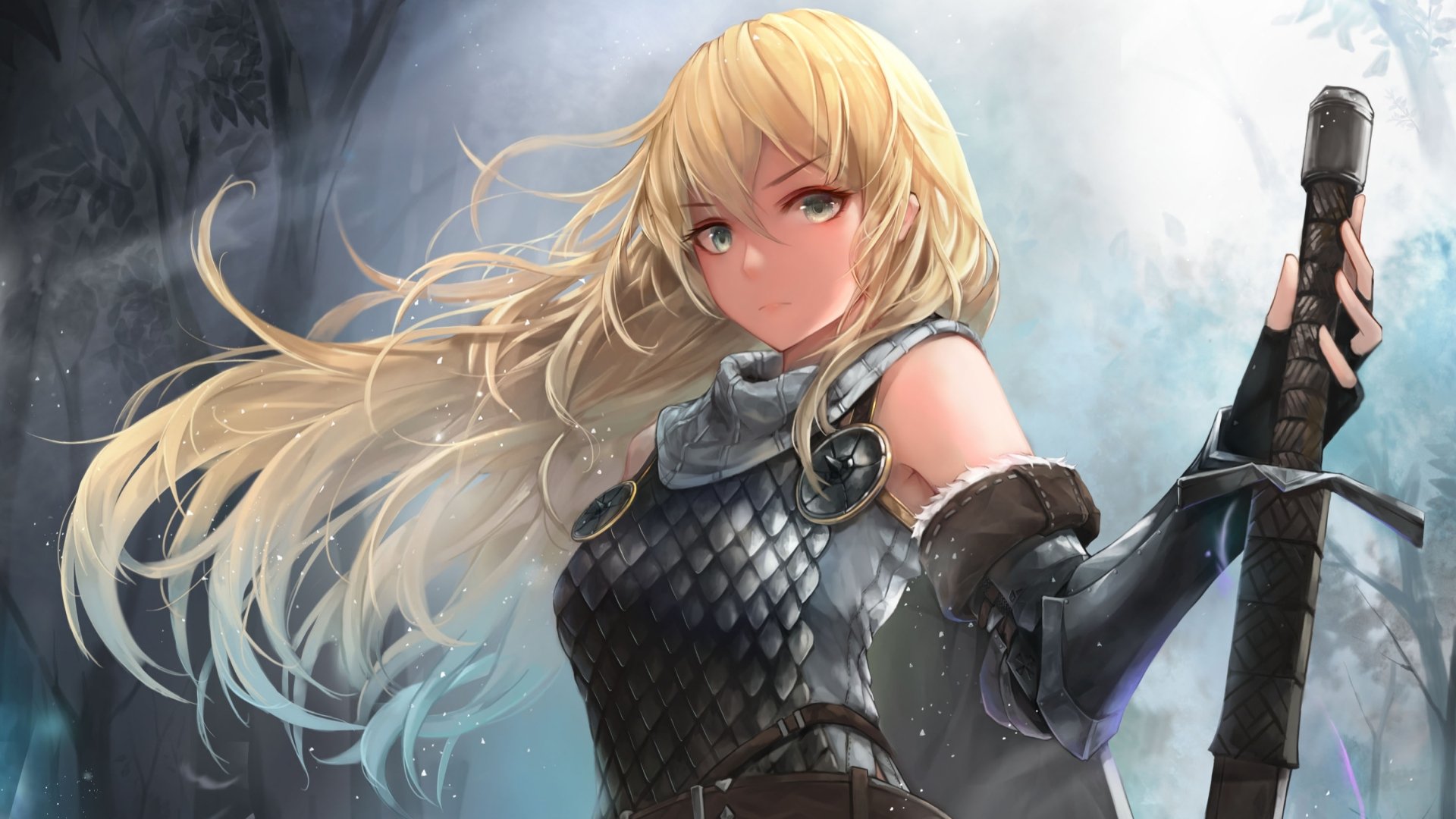 HD anime desktop wallpaper of a blonde warrior with flowing hair and striking green eyes, clad in armor, holding a sword against a misty, cool-toned background.