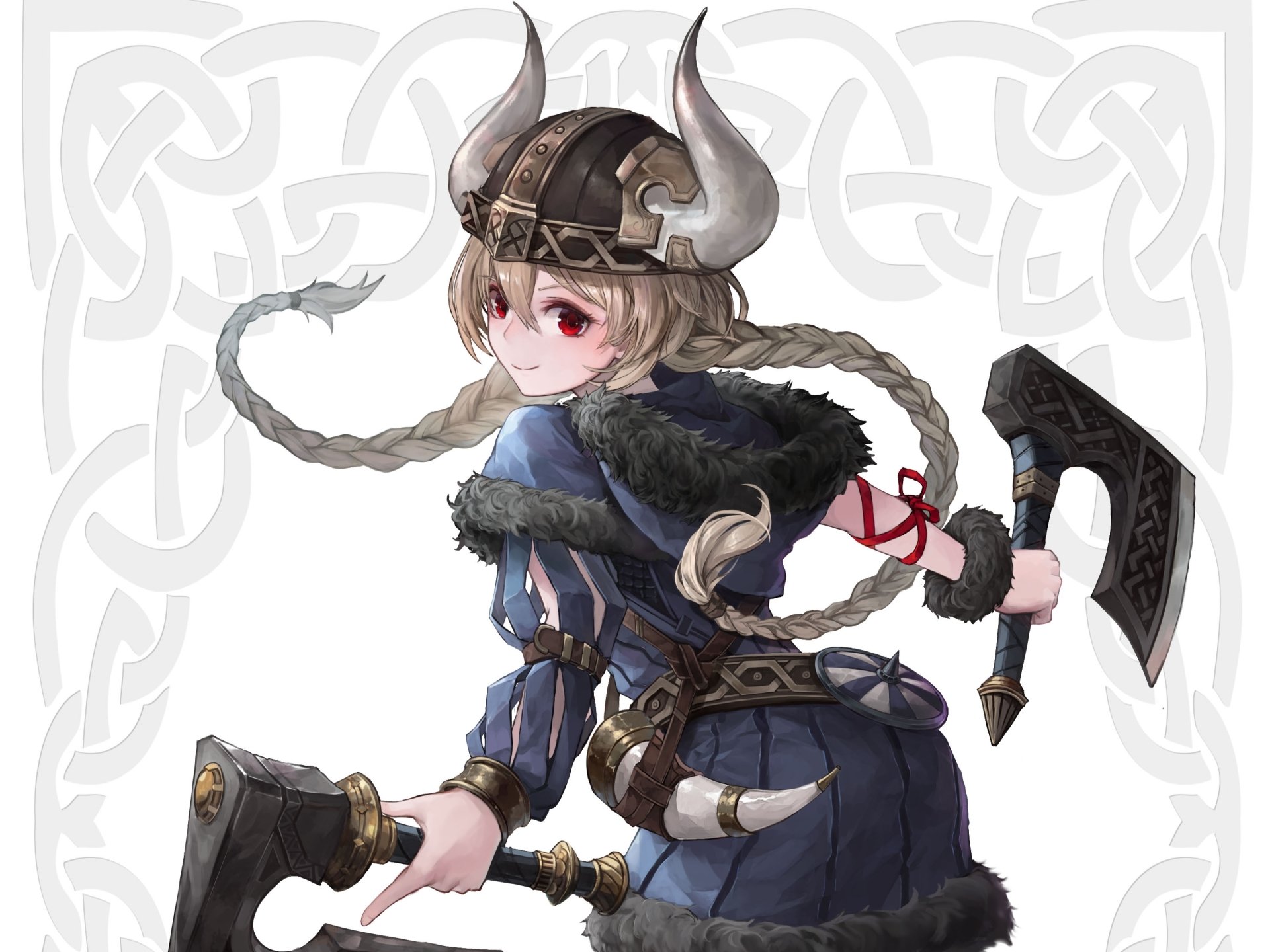 Anime-style Viking woman warrior with blonde braid, red eyes, and horned helmet, holding axes against a subtle Celtic knot background.