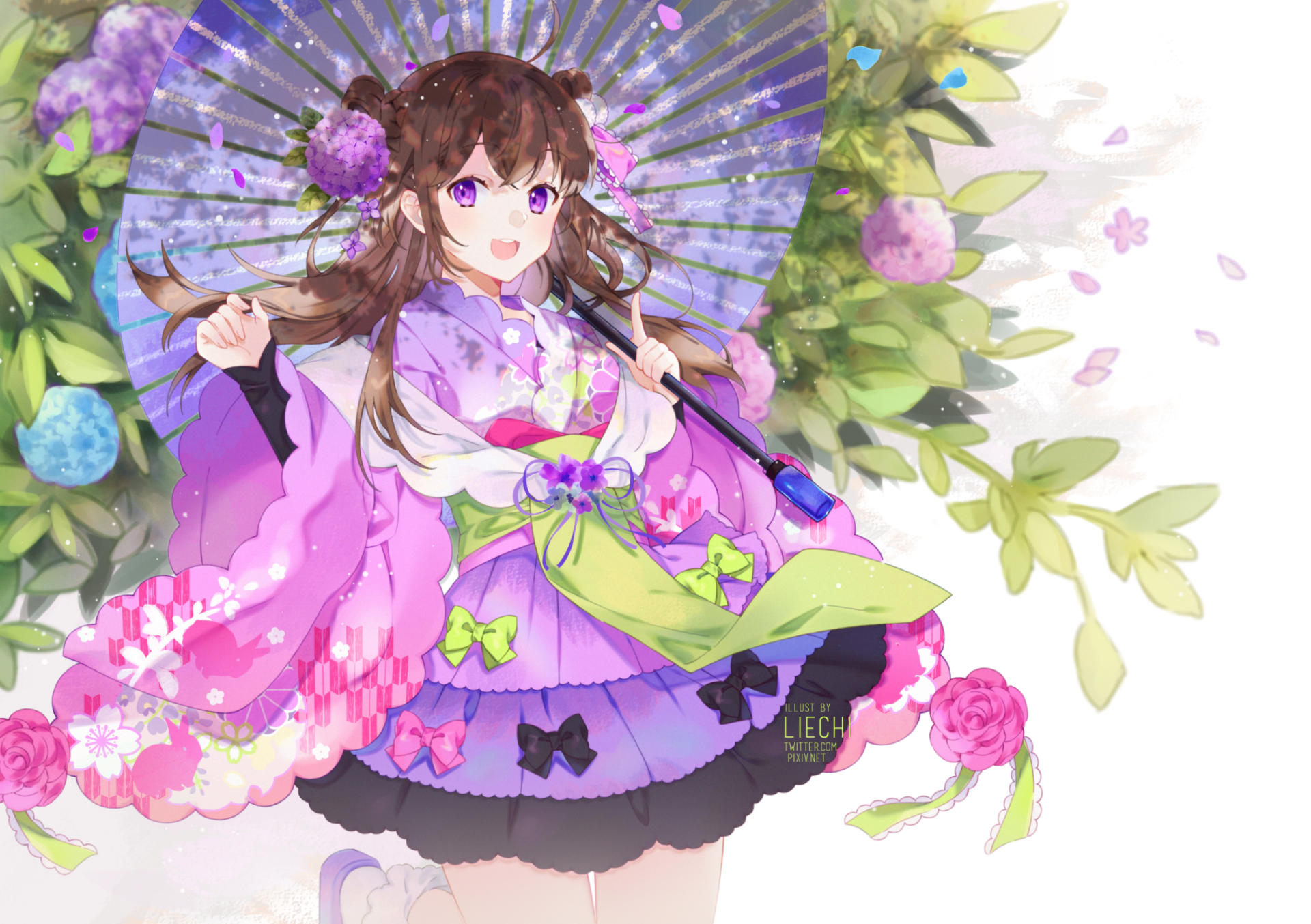 Anime-style original HD desktop wallpaper featuring a girl with brown hair and purple eyes holding a flower-adorned umbrella, surrounded by colorful blossoms and greenery.