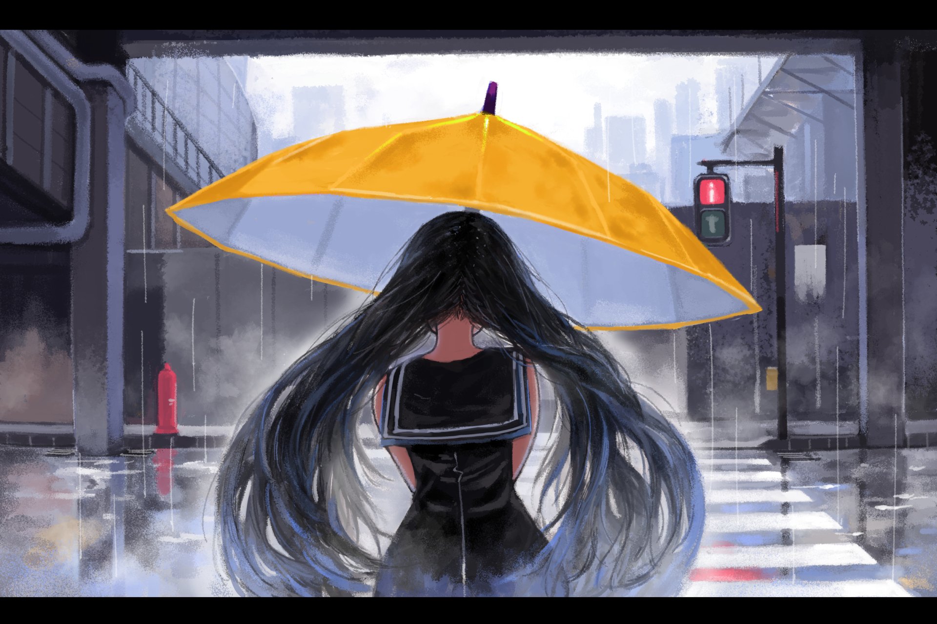 Anime-style HD desktop wallpaper featuring a girl with long hair holding a yellow umbrella under a street light in a rainy urban setting.