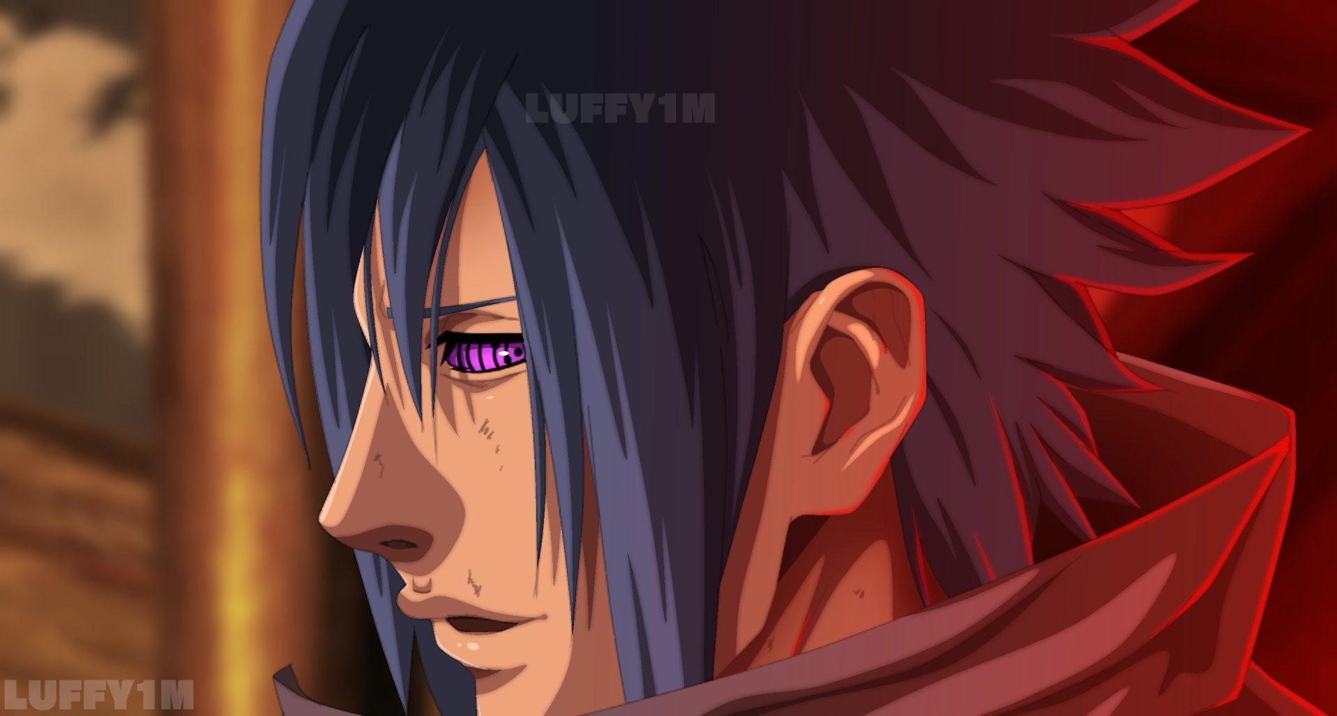 HD anime wallpaper featuring Sasuke Uchiha with the Rinnegan eye from Naruto, showcasing a detailed close-up in a dark, atmospheric background.