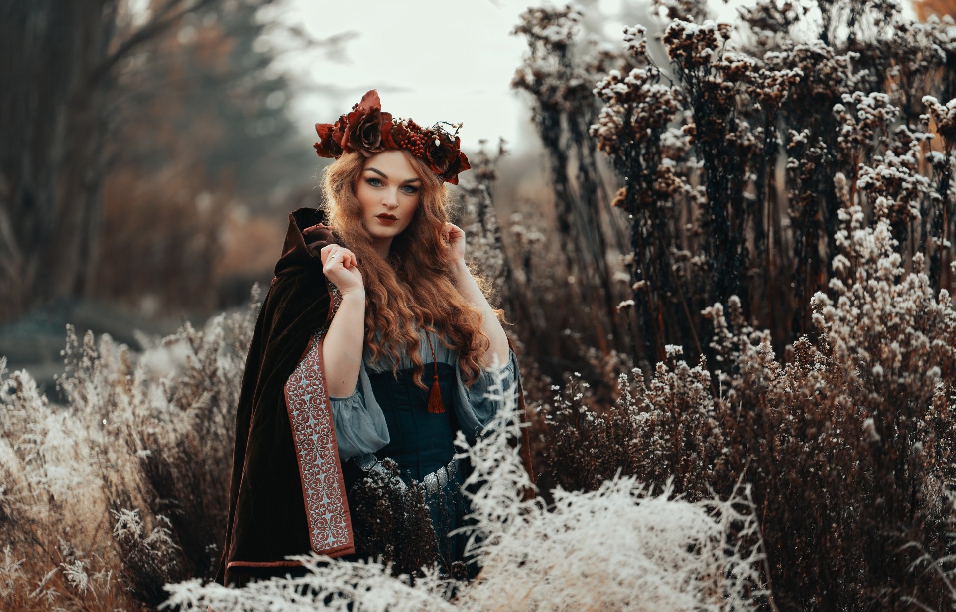 Download Wreath Depth Of Field Redhead Woman Model 4k Ultra HD Wallpaper by Jumeria Nox