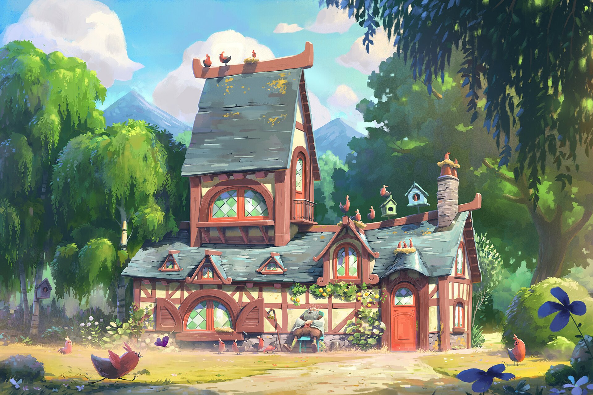 HD PC desktop wallpaper of a whimsical fantasy house nestled in lush greenery, with birdhouses on the roof and a serene, vibrant setting.