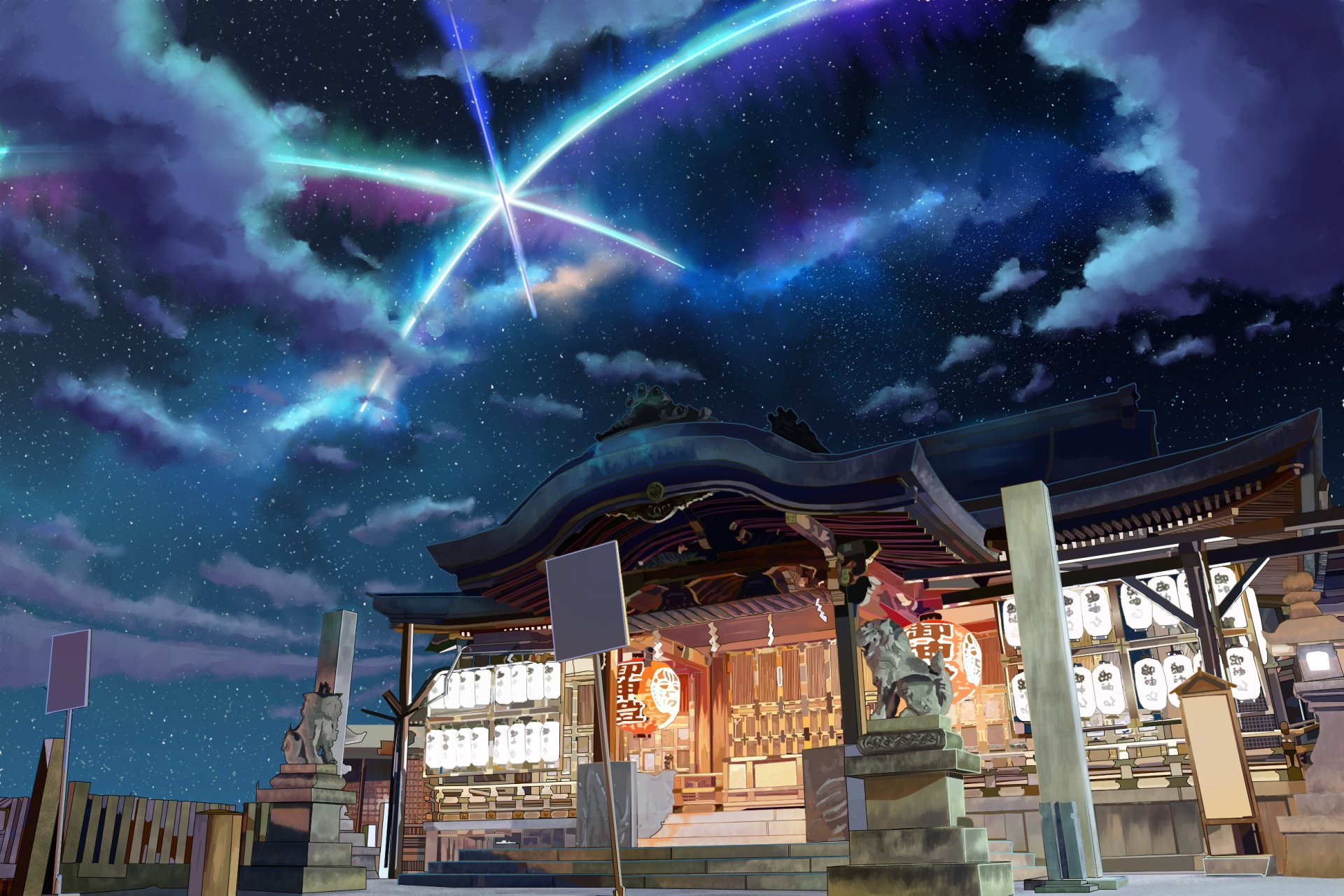 HD anime desktop wallpaper featuring a beautifully detailed temple under a starry sky, with luminous constellations and vibrant clouds creating a mesmerizing background.