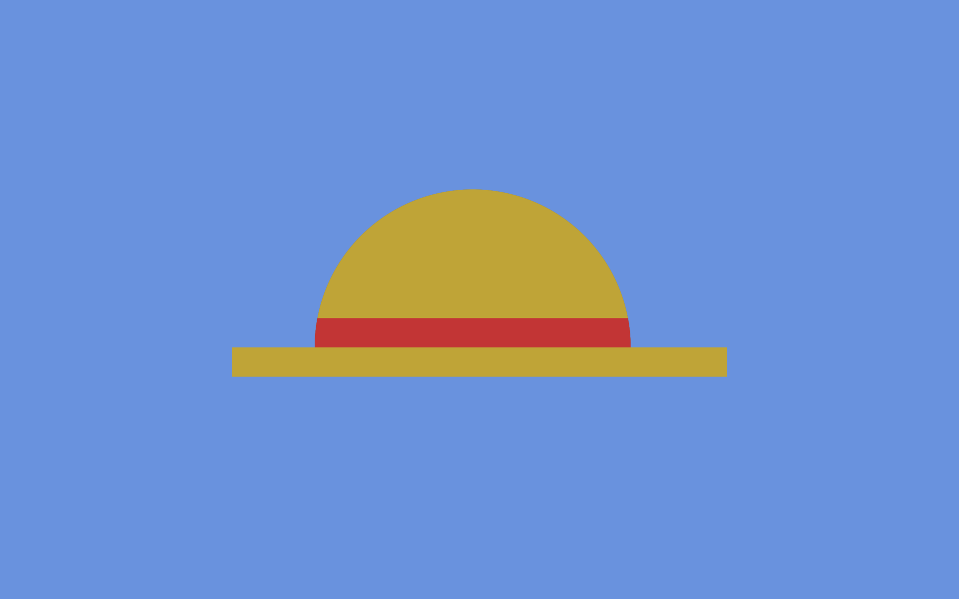 Minimalist One Piece anime straw hat icon centered on a flat blue background — 2K Quad HD PC desktop wallpaper/background.