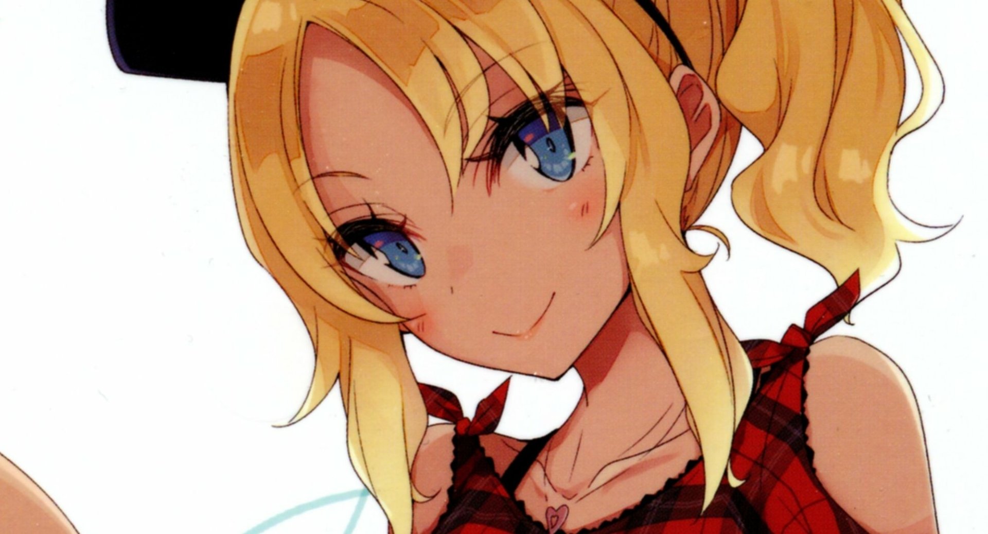 HD PC desktop wallpaper of Nodoka Toyohama (Rascal Does Not Dream of Bunny Girl Senpai): close-up of a smiling blonde, blue-eyed girl in a red plaid dress with a ponytail.