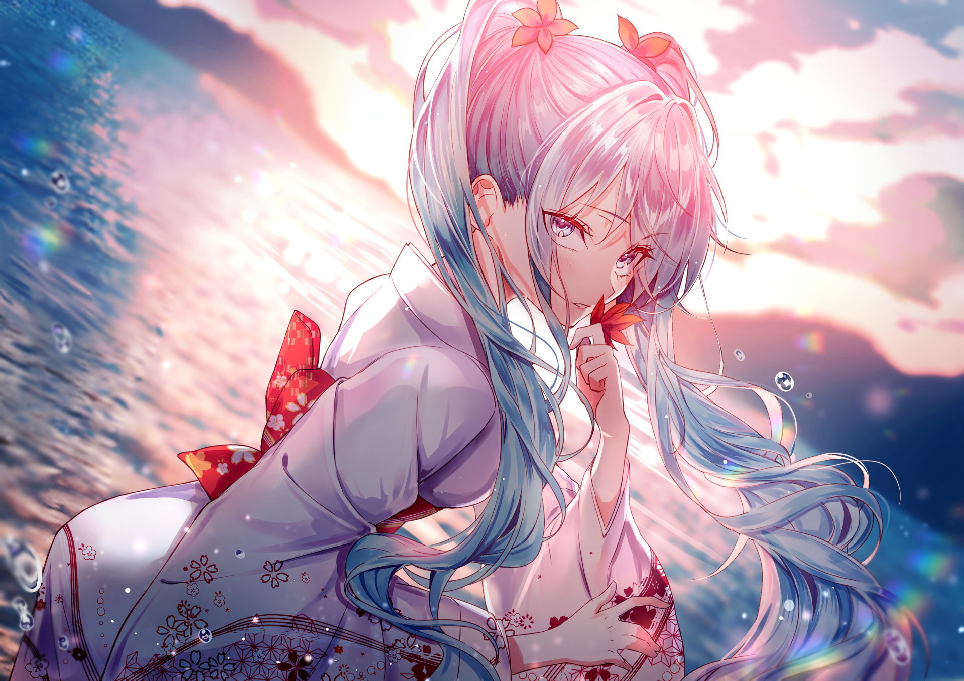 Anime-style HD wallpaper featuring Hatsune Miku with blue hair and blue eyes, set against a scenic background with water and a sunset. Miku is wearing a white and red detailed outfit.