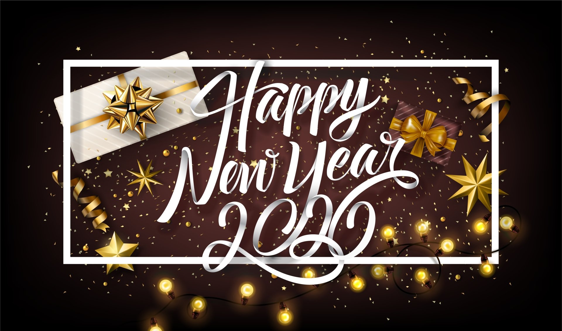4K Ultra HD PC desktop wallpaper: white Happy New Year 2020 script inside a white frame on a dark confetti background with a gold-wrapped gift, bows, stars and string lights.