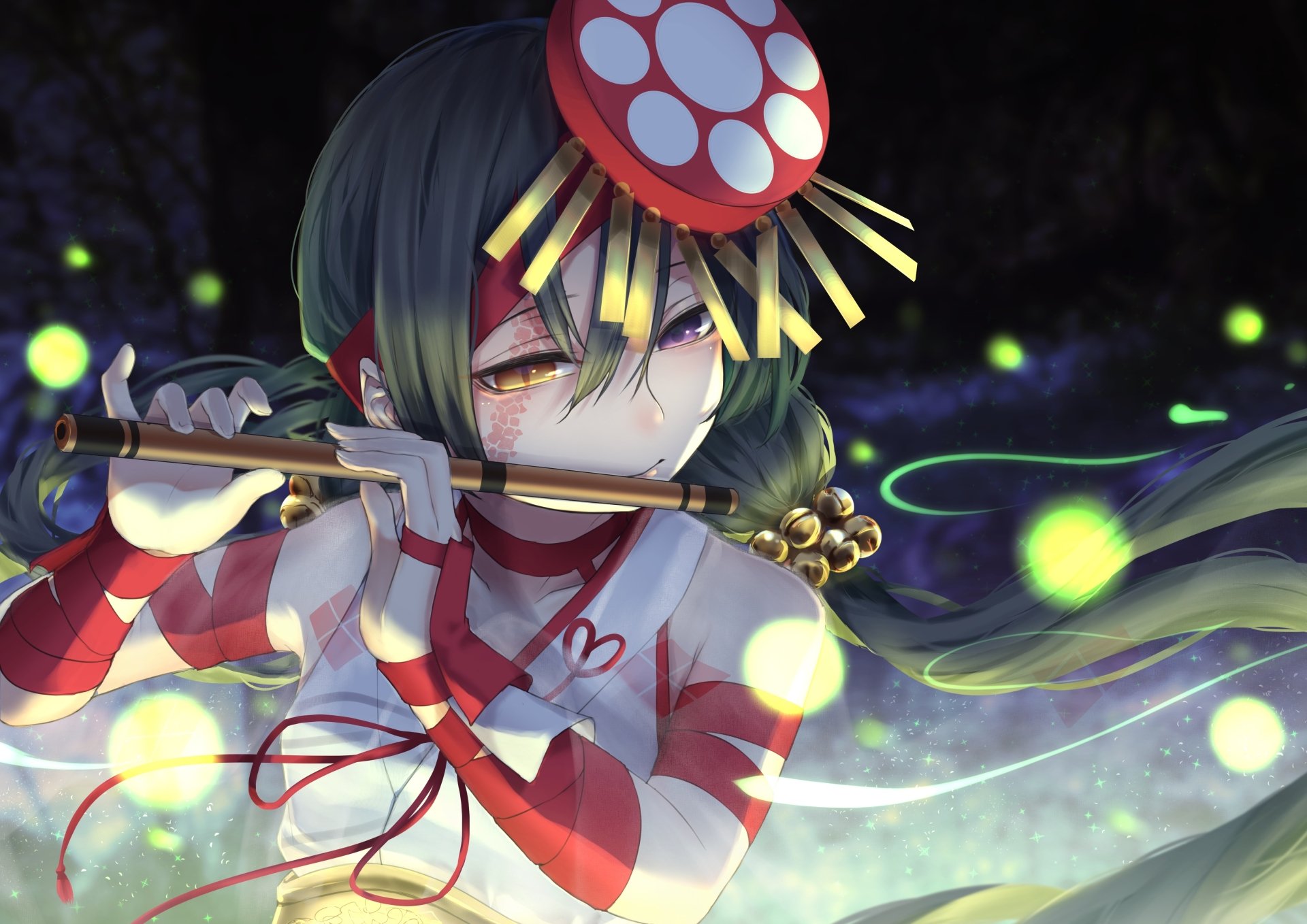 Assassin of Paraiso from Fate/Grand Order playing a flute amid glowing orbs in a detailed 4K Ultra HD anime-style desktop wallpaper.