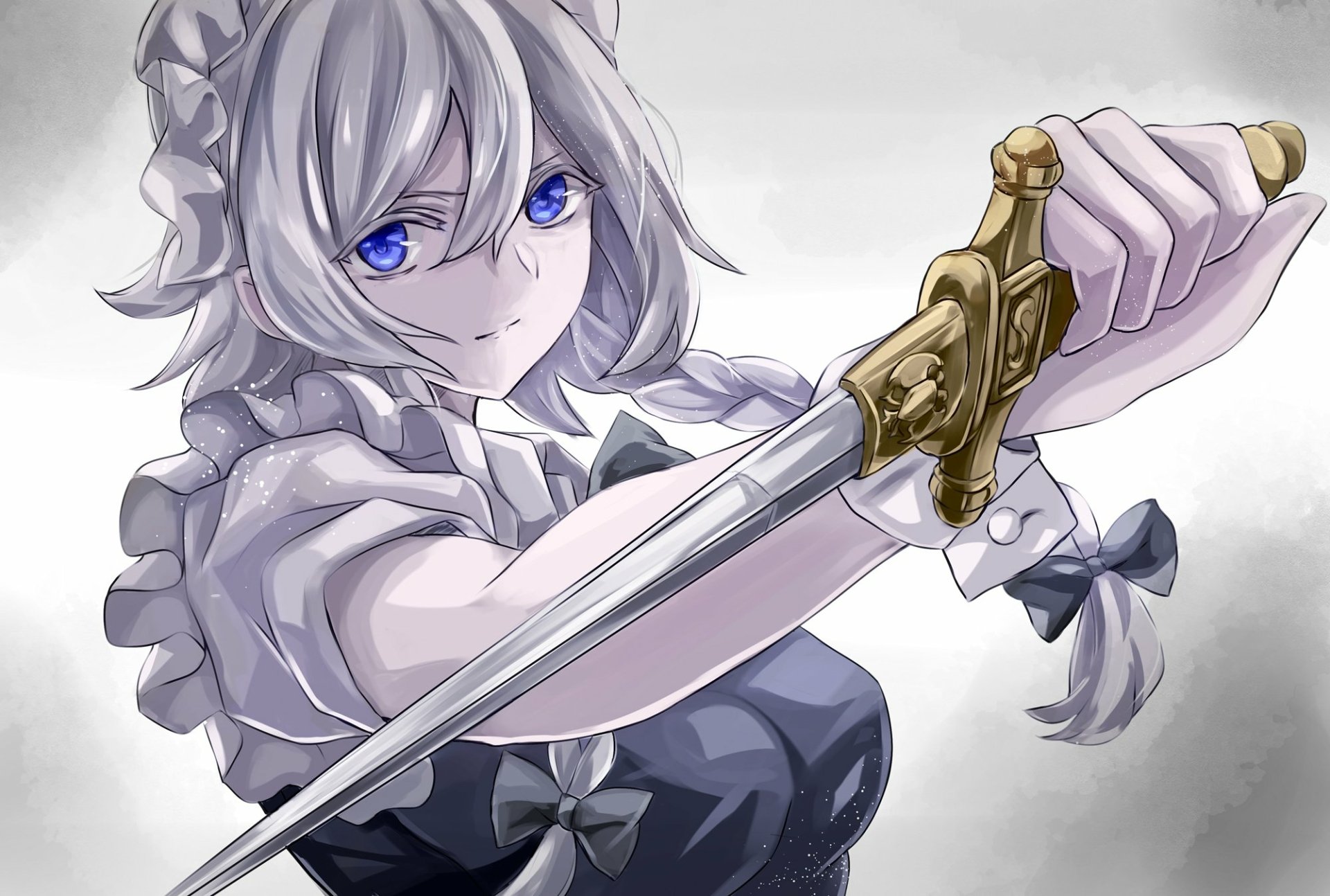 HD anime PC desktop wallpaper featuring Sakuya Izayoi from Touhou, depicted with silver hair, piercing blue eyes, and a poised sword in hand.