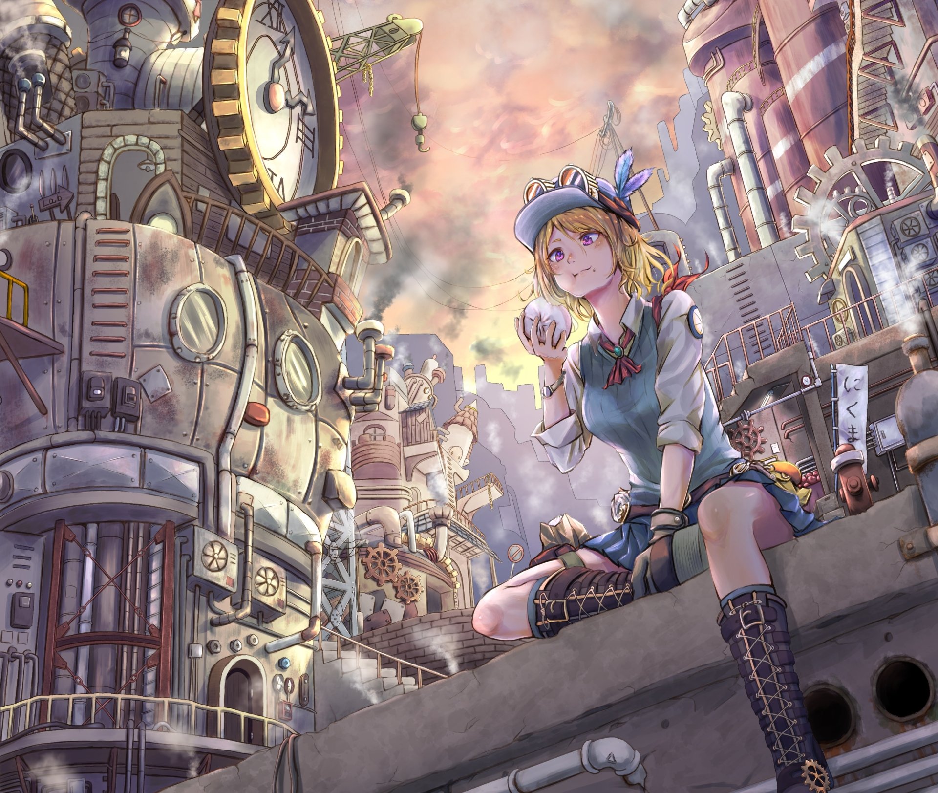 Anime-style HD PC desktop wallpaper depicting a young girl dressed in steampunk attire sitting amidst intricate clockwork machinery in a detailed fantasy cityscape.