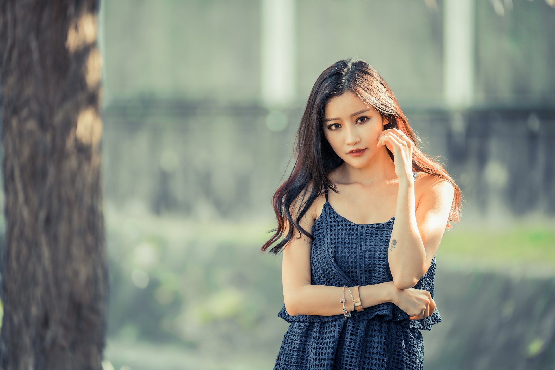 Download Black Hair Blue Dress Asian Depth Of Field Woman Model 4k Ultra HD Wallpaper