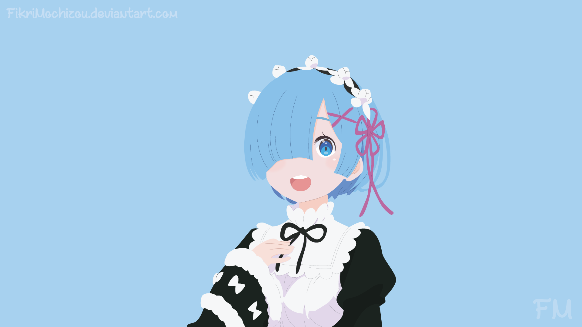 4K Ultra HD wallpaper featuring Rem from the anime Re:Zero - Starting Life in Another World, showcasing her with blue hair and a floral headpiece on a light blue background.