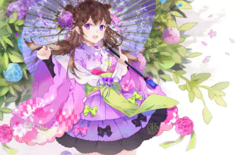 Anime-style original HD desktop wallpaper featuring a girl with brown hair and purple eyes holding a flower-adorned umbrella, surrounded by colorful blossoms and greenery.