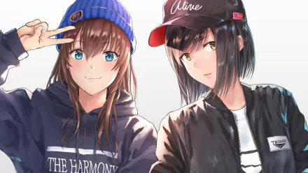 Anime-style HD wallpaper featuring two characters with contrasting looks: one with brown hair and blue eyes wearing a blue beanie, and the other with black hair and yellow eyes wearing a black cap.