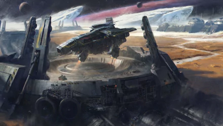 HD PC desktop wallpaper depicting a sci-fi space station and spaceship on a barren planet with moons and asteroids in the background.